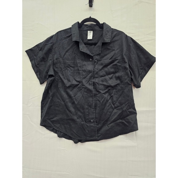 Member's Mark Tops - Members Mark Tencel Camp Shirt Womens Large Black Short Sleeve Lyocell Button Up